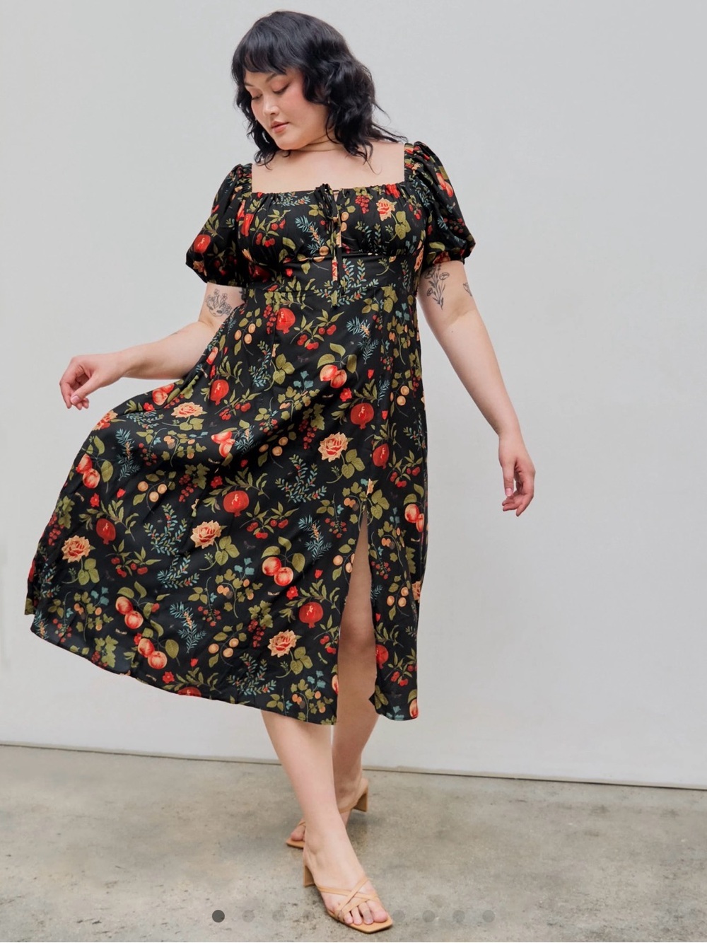 Cider Black Midi Dress with Red & Green Floral and Fruit Print